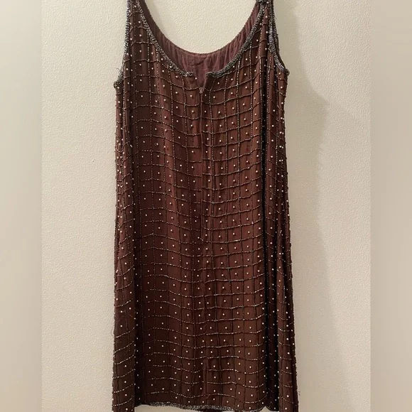 Vintage Brown Beaded Mini Dress​ Sz Med